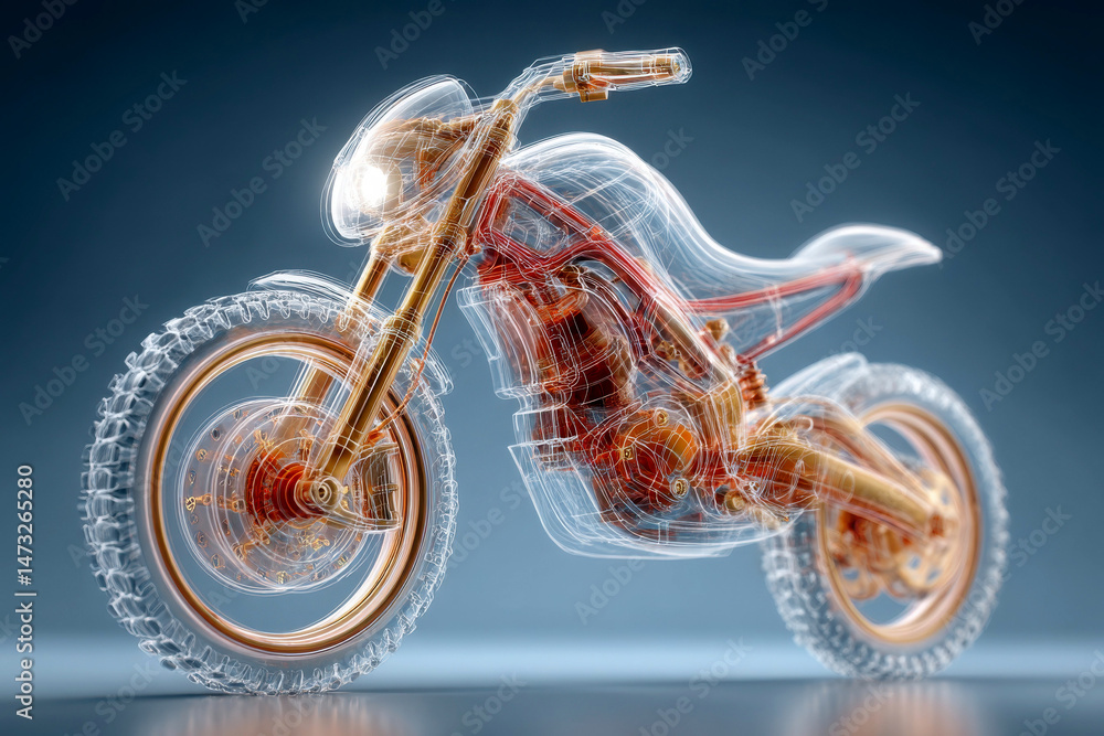 Poster A transparent digital rendering of a motorcycle showing internal components in a high-tech, futuristic style.