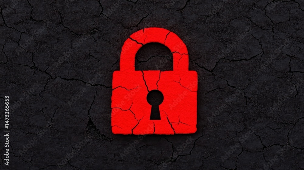 Poster a red padlock with cracks sits on a textured black background, symbolizing security vulnerability or