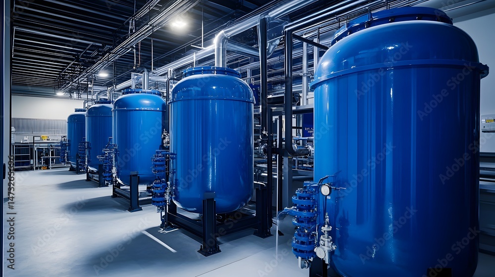 Poster a large industrial building with many blue tanks. the tanks are lined up in rows and are all the sam