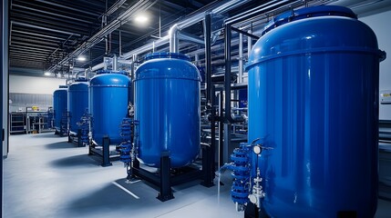 A large industrial building with many blue tanks. The tanks are lined up in rows and are all the same size. The building is very large and has a very industrial feel to it