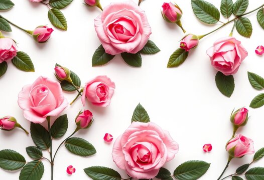 Fototapeta Elegant pink rose floral pattern, leaves, buds on white background, flat lay, romantic