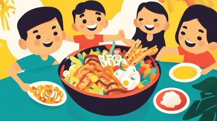 A cheerful family enjoys a colorful and delicious meal together.