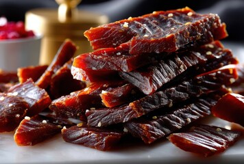 Savory Strips of Dried Jerky Stacked on a Marble Surface with Seasoning and a Hint of Berries in the Background Ideal for Culinary Delights and Snack Inspiration
