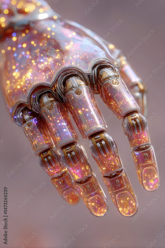 Poster a close-up of a glittering, translucent robotic hand with intricate metallic joints and sparkling em