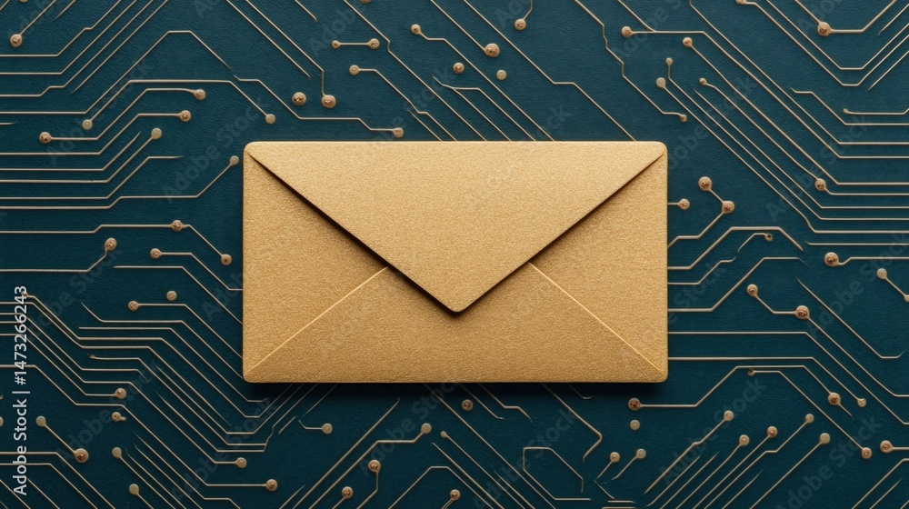 Poster a gold envelope on a circuit board background, symbolizing digital communication and secure electron