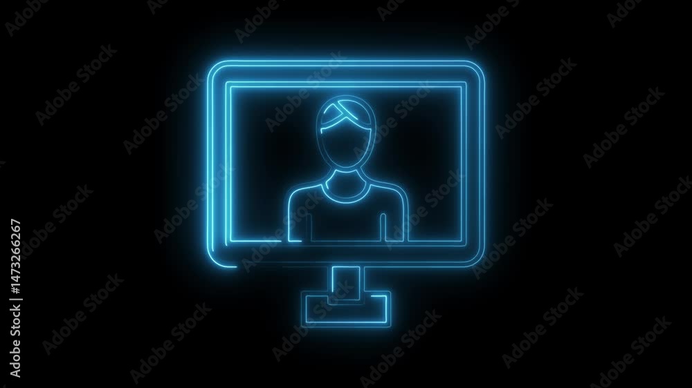 Poster glowing neon computer screen with person icon animation on dark background