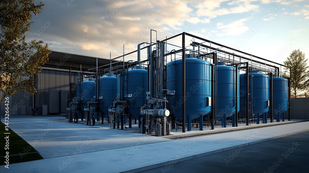 Poster a large industrial building with many blue tanks. the tanks are lined up in rows and are all the sam