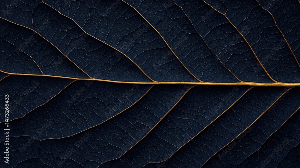 Poster a close-up image of a dark leaf, highlighting its intricate vein patterns and natural texture.