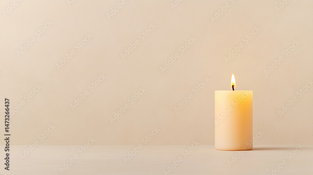 Poster a single lit candle stands on a neutral surface against a soft beige background, creating a calm and