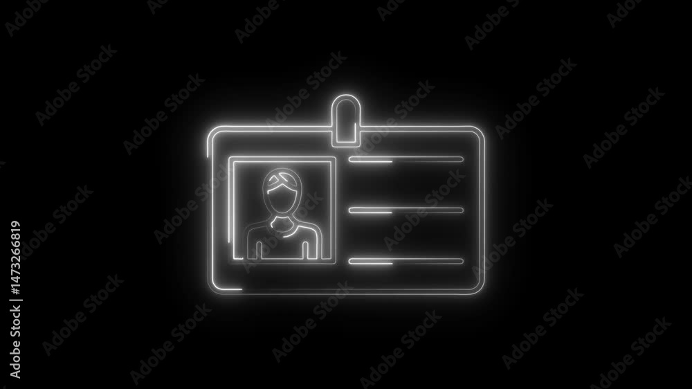 Poster glowing neon identity badge animation on black background for security and verification concept