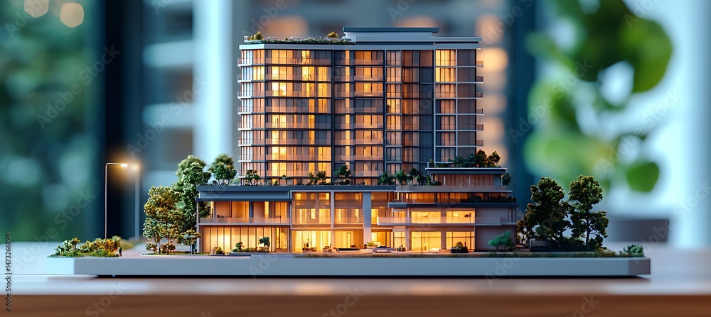 Poster a realistic miniature model of a futuristic modern home with smart home technology, placed on an off