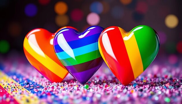 Glazed hearts, vibrant LGBTQIA+ Progress Pride flag colors, shiny, non-binary