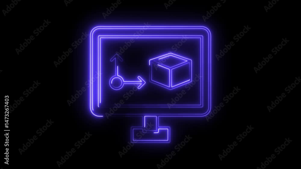 Poster neon style 3d design software on monitor screen concept animation glowing line