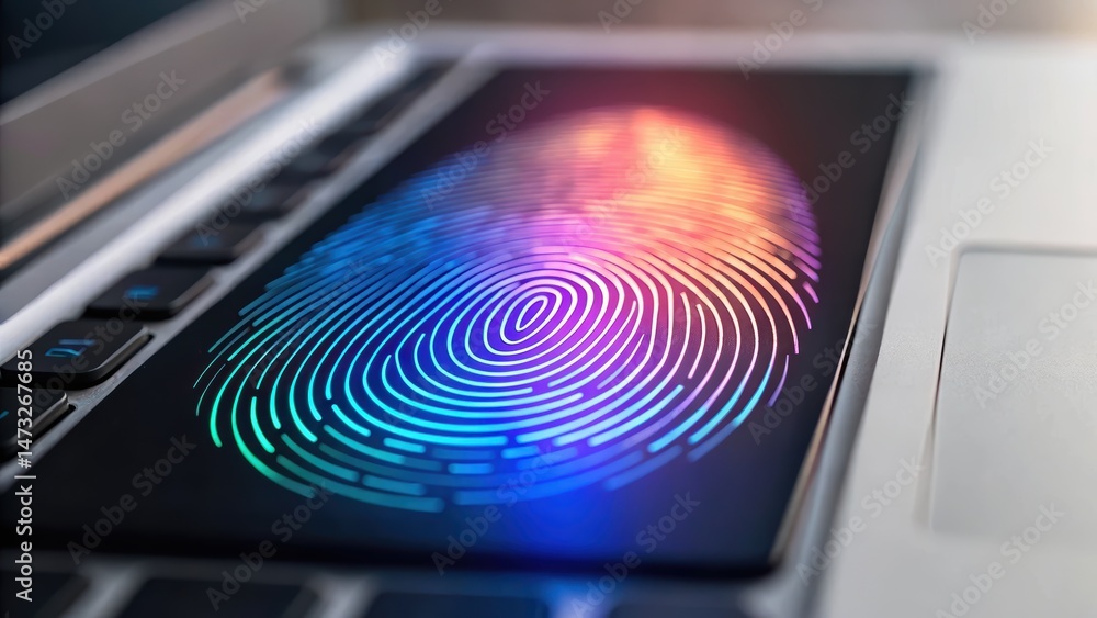 Poster digital fingerprint displayed on a laptop screen, showcasing vibrant colors and intricate patterns, 
