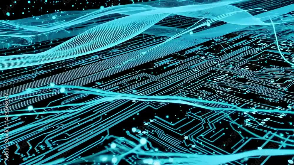 Poster abstract digital waves flowing over circuit board