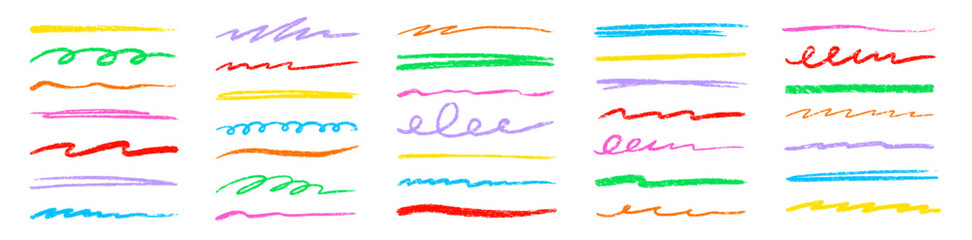 Line color pencil brush kid set. Color chalk pastel pencil underline scribble brush stroke set for kid design. Hand drawn wavy marker underline highlight element. Vector illustration