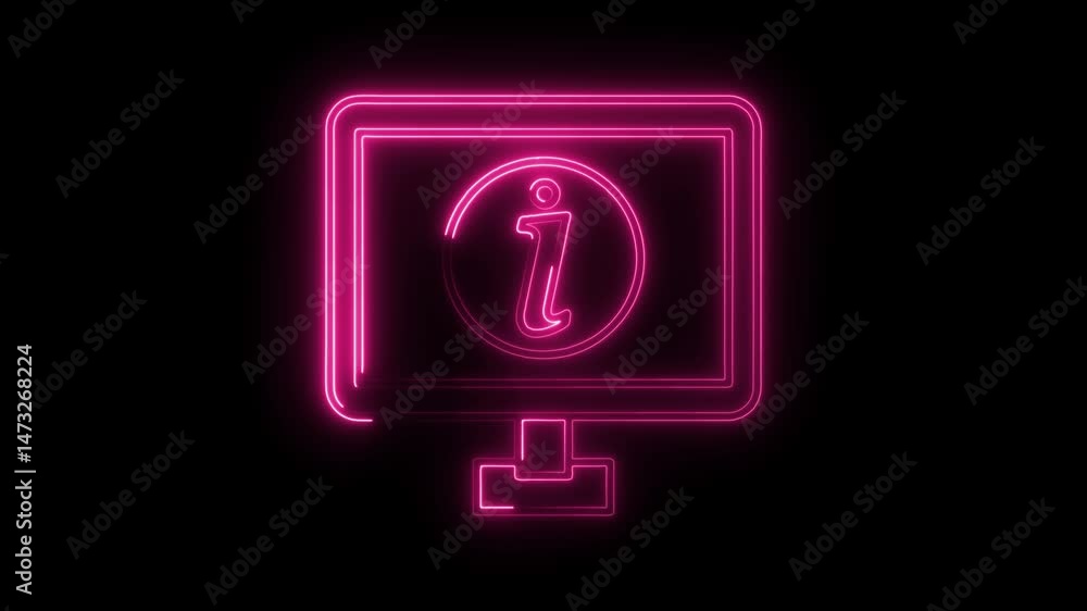 Poster neon information icon on computer monitor screen animated on black background