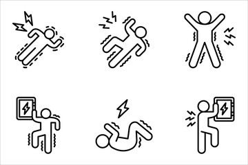 Electric shock icon set, electrocuted person, vector illustration on white background