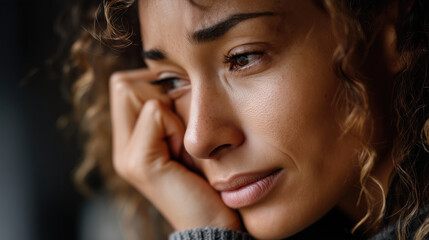 A close-up of a woman with curly hair, resting her head on her hand, appearing sad and pensive