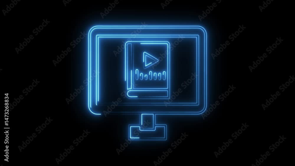 Aufkleber glowing neon monitor with video tutorial and audio levels on black background