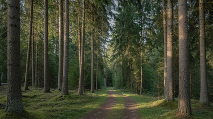 Obraz premium Sunlight illuminating a pathway through a lush green forest with tall evergreen trees.