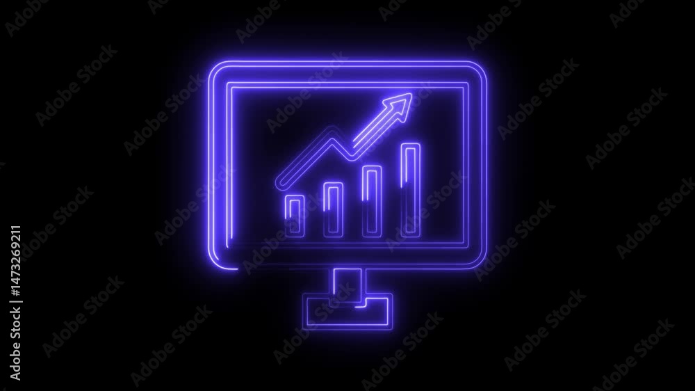 Poster neon style glowing chart on computer screen animation for financial business analysis
