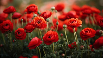 Obraz premium Vibrant Tapestry of Red Ranunculi in Blooming Garden Landscape
