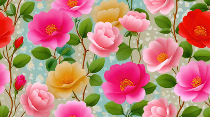 Naklejka premium Vibrant floral pattern featuring diversely colored roses and buds against a speckled background