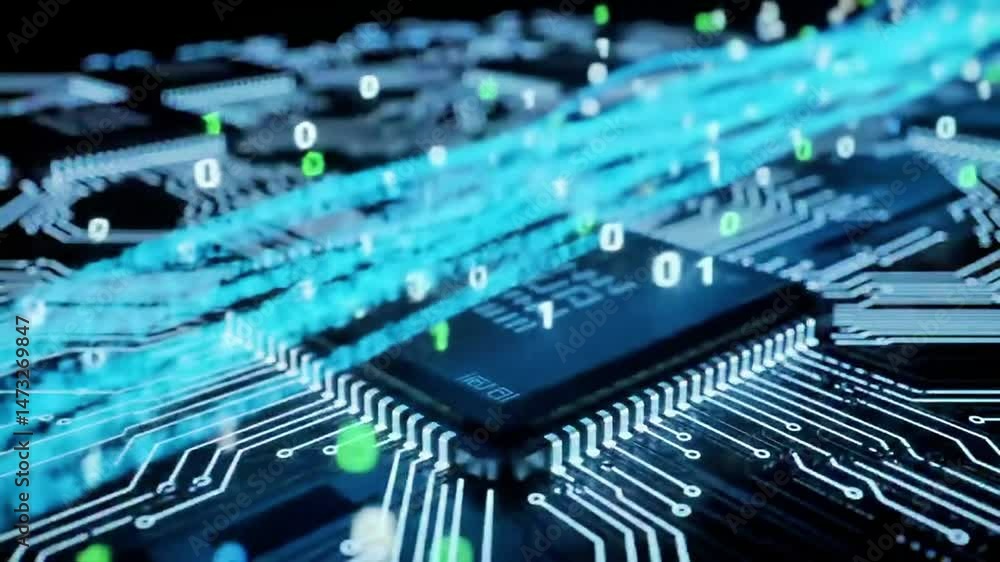 Leinwandbilder Digital Data Flowing Through Computer Chip Circuitry with Binary Code Animation
