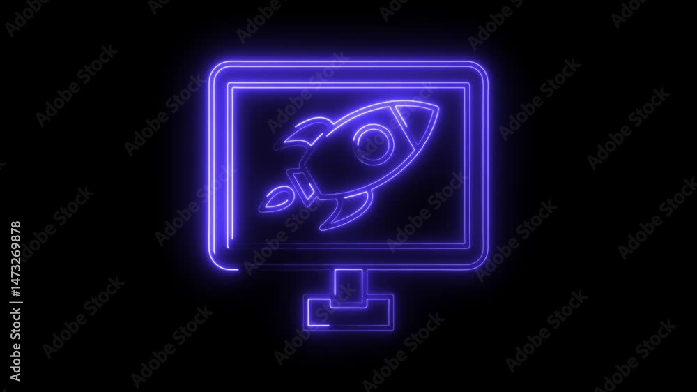 Poster computer screen with glowing neon rocket icon on black background animation