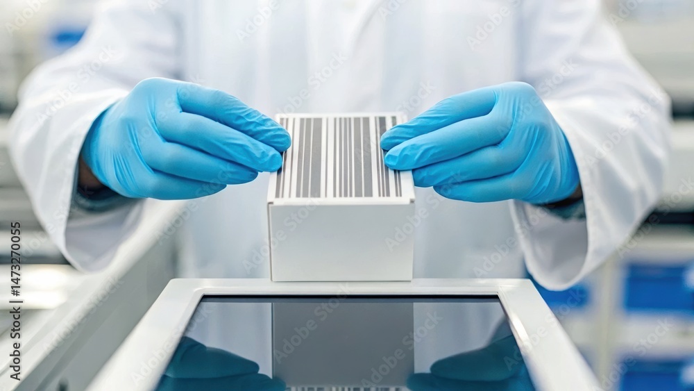 Poster a person in a lab coat and gloves scans a barcode on a white box in a sterile environment, emphasizi