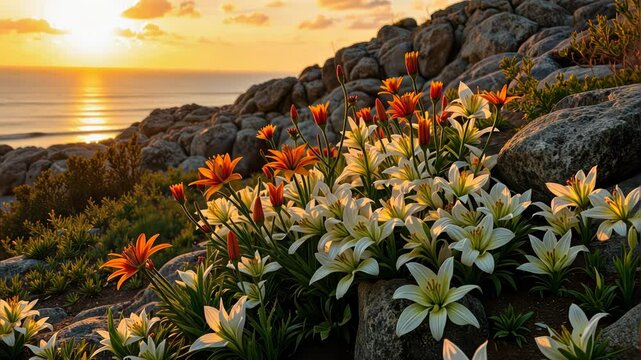 Colorful flowers blooming by the ocean at sunset  
