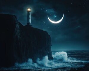 Lighthouse at night with crescent moon