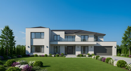 Fototapeta premium Modern Luxury Home Design Two-Story Contemporary House with Stunning Curb Appeal