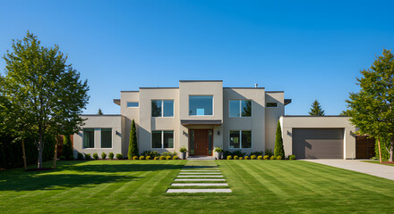 Modern Architectural Design Luxury Home Exterior with Clean Lines and Expansive Landscaping