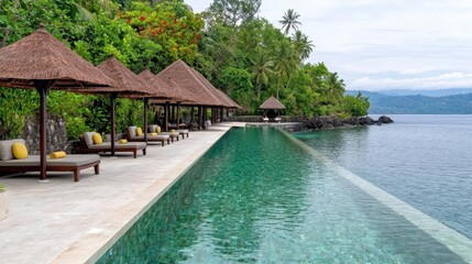Obraz premium Luxury Tropical Resort Infinity Pool with Thatched Umbrellas
