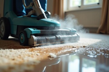 Fototapeta premium Close-up of a powerful carpet cleaning machine in action, spraying cleaning solution onto a heavily soiled carpet , restoration, suction, professional cleaning