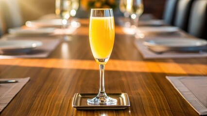 A glass of orange beverage on a table, set for dining, with a blurred background of other glasses and table settings.