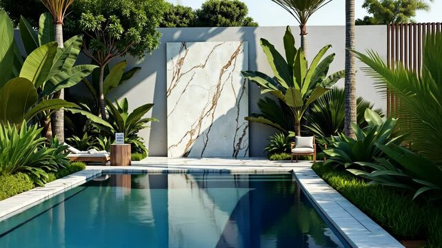 Modern swimming pool surrounded by lush greenery and stone wall  