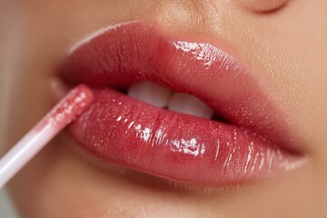 Close-up of moisturizing lip gloss being applied for a radiant finish.