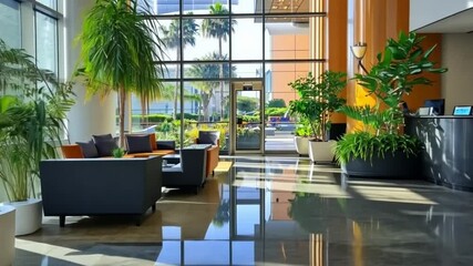 A bright, modern lobby with abundant greenery and comfortable seating. Sunlight streams through large windows.