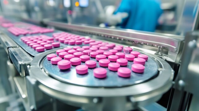 Pink Tablets on Pharmaceutical Production Line in Laboratory Setting