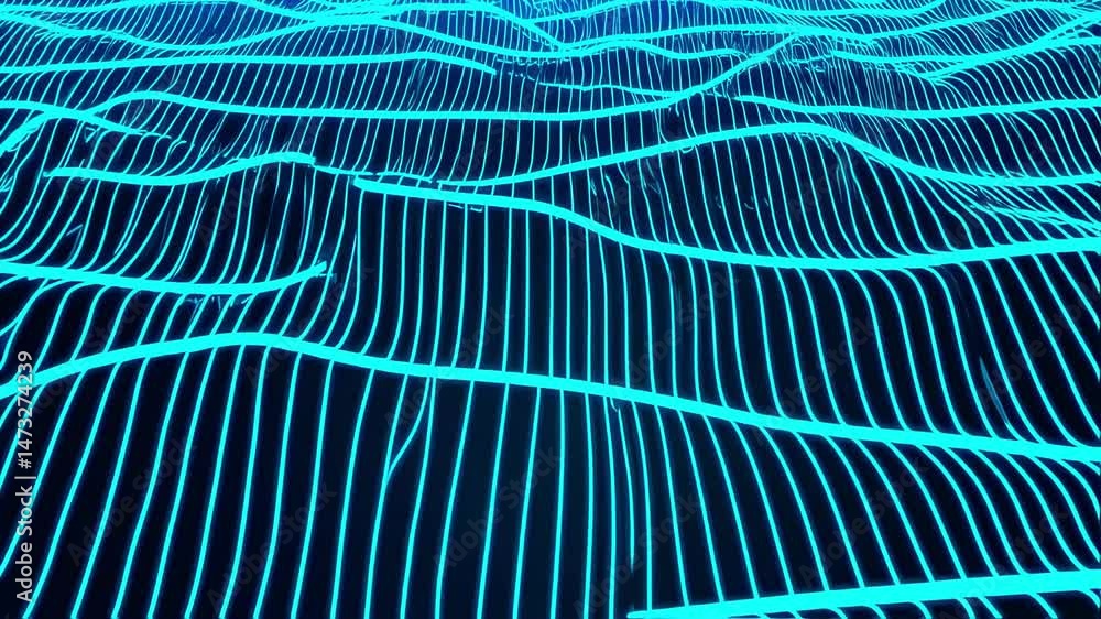 Poster abstract neon waveform: cyan lines flowing across dark background