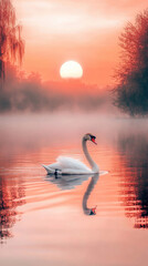 Fototapeta premium Serene sunrise scene with a graceful swan swimming on calm water, its reflection mirroring the peaceful, misty ambiance