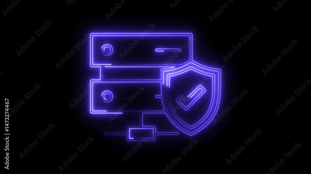 Poster neon server security with glowing shield checkmark on black background animation
