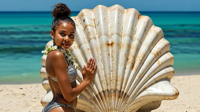 Young woman posing playfully by a large shell on the beach  