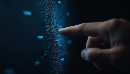 A close-up of a hand touching a digital interface, with glowing blue elements, symbolizing technology and interaction.
