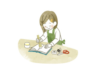 本の補修をしているエプロンを着用した女性-水彩