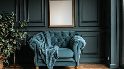 Stylish teal tufted armchair in a dark moody room with a blank picture frame