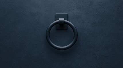 A matte black metal door knocker is mounted on a dark textured wall, creating a minimalist and modern look.